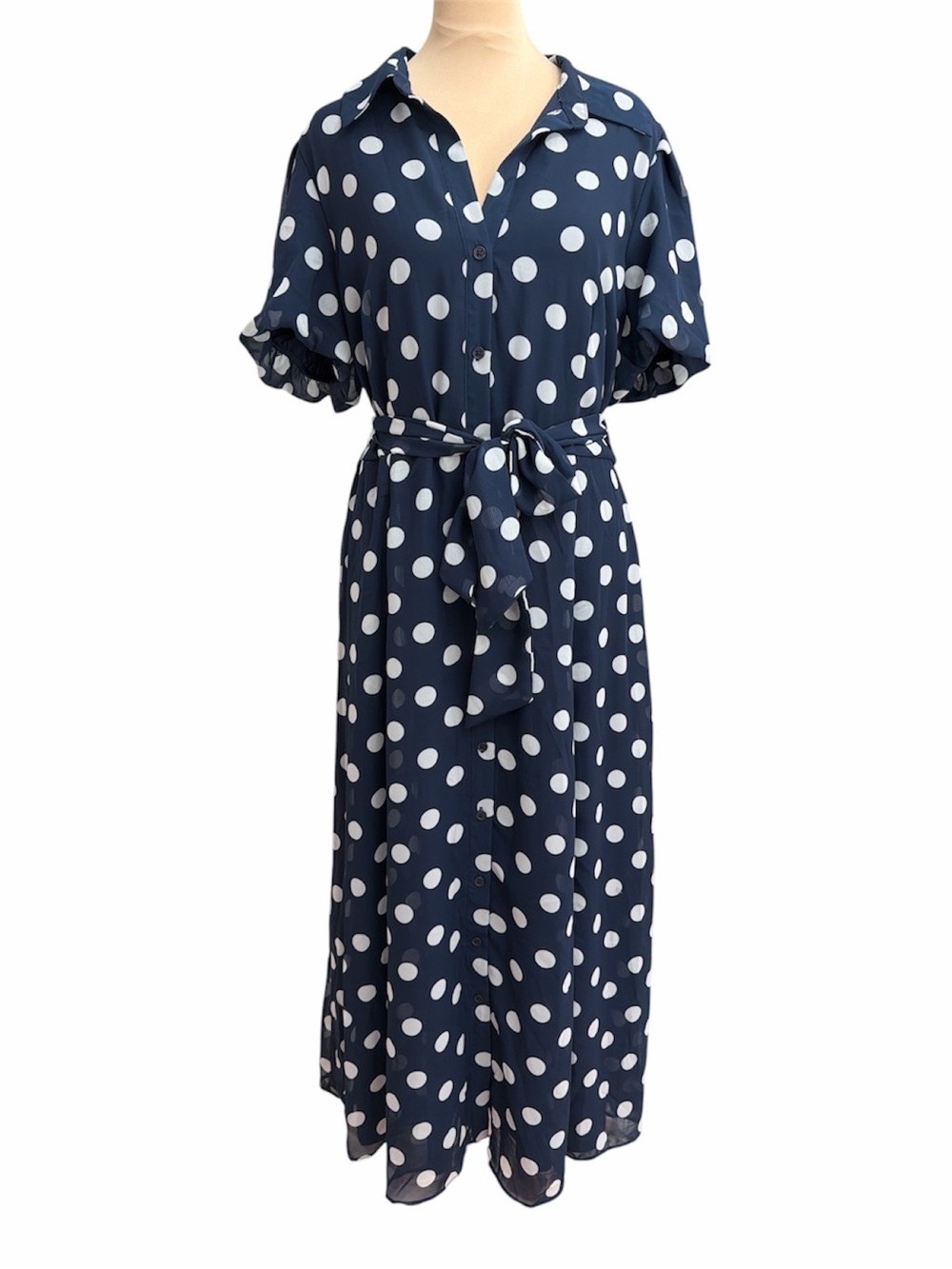 Seven7 Navy and White Polka Dot Maxi Shirt Dress with Tie Waist